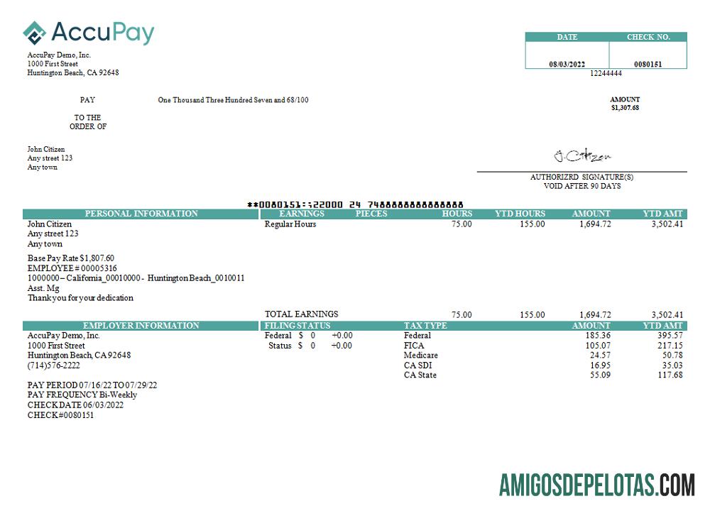Empresa de folha de pagamento USA Accupay Demo Inc. modelo